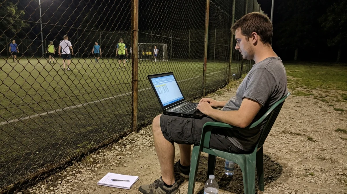 Organiser at a table with a laptop spreadsheet and paper sheets
