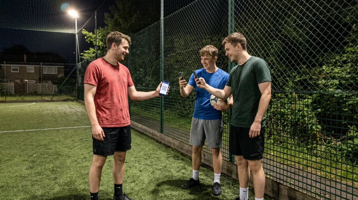Organiser holding a phone with a QR code while players scan it